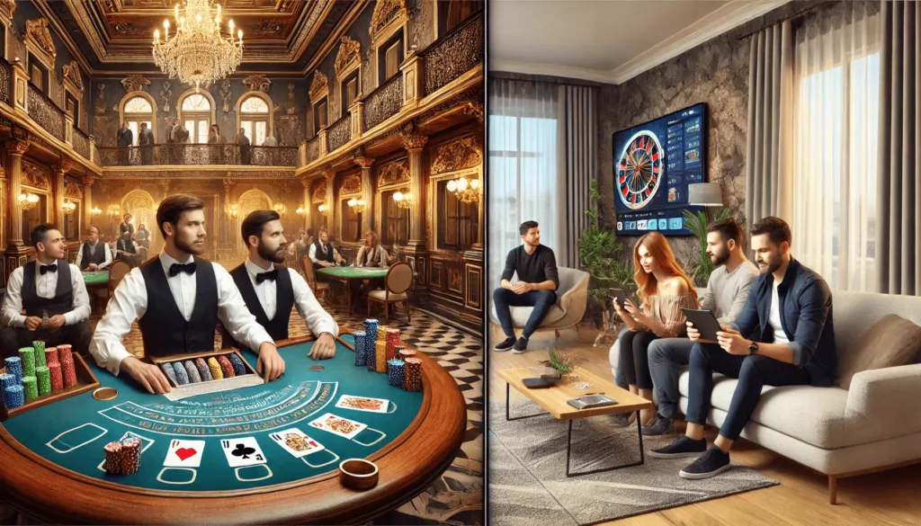 Comparación entre la evolución del juego en casinos físicos del siglo XVIII y el juego moderno online en un entorno digital contemporáneo.