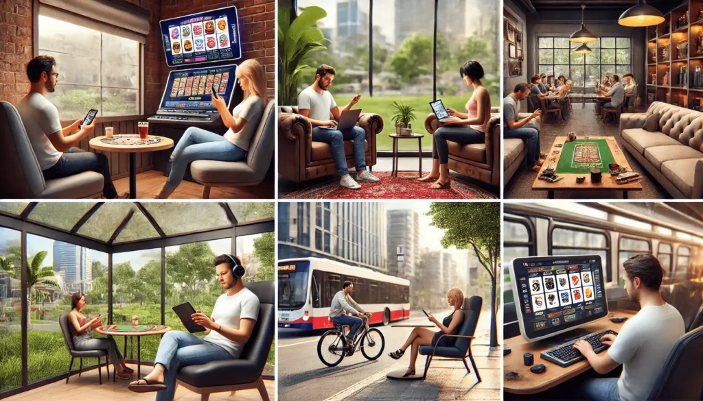 Representación de cómo el juego online ha transformado la experiencia de juego tradicional, facilitando el acceso desde cualquier lugar.