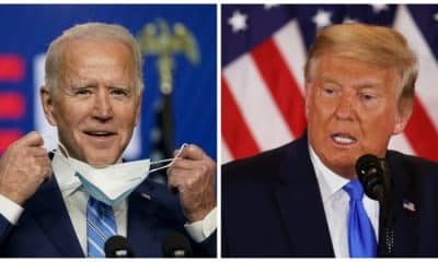 (Izq.) El candidato presidencial demócrata Joe Biden habla un día después de que los estadounidenses votaran en las elecciones presidenciales, en Wilmington, Delaware, el 4 de noviembre de 2020. (Drew Angerer/Getty Images). El presidente Donald Trump habla la noche de las elecciones en la Sala Este de la Casa Blanca, en Washington, durante la madrugada del 4 de noviembre de 2020. (Chip Somodevilla/Getty Images)