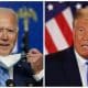 (Izq.) El candidato presidencial demócrata Joe Biden habla un día después de que los estadounidenses votaran en las elecciones presidenciales, en Wilmington, Delaware, el 4 de noviembre de 2020. (Drew Angerer/Getty Images). El presidente Donald Trump habla la noche de las elecciones en la Sala Este de la Casa Blanca, en Washington, durante la madrugada del 4 de noviembre de 2020. (Chip Somodevilla/Getty Images)