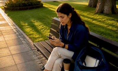 Una mujer consulta las últimas noticias en su móvil mientras disfruta de un café.
