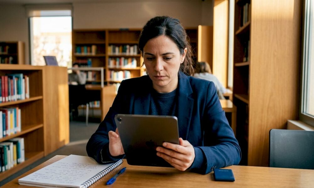 Mujer gestionando notificaciones de noticias desde su tablet