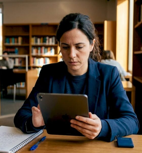 Mujer gestionando notificaciones de noticias desde su tablet