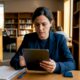 Mujer gestionando notificaciones de noticias desde su tablet