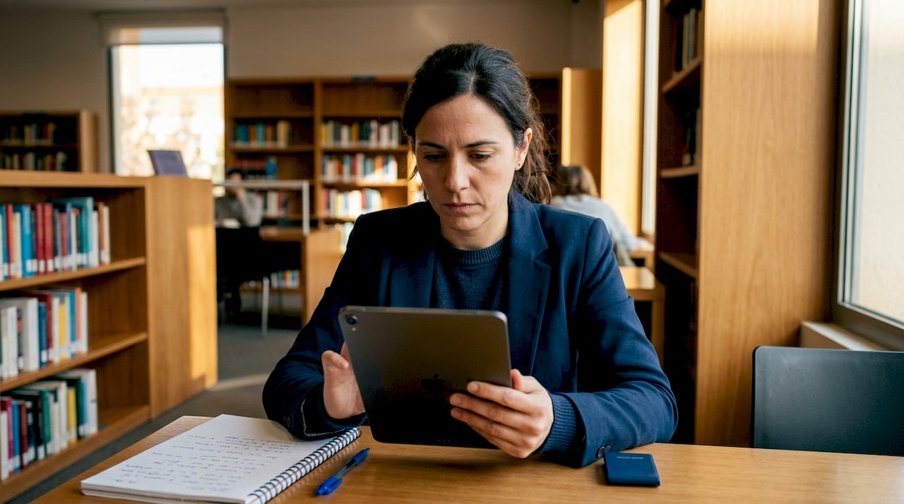 Mujer gestionando notificaciones de noticias desde su tablet