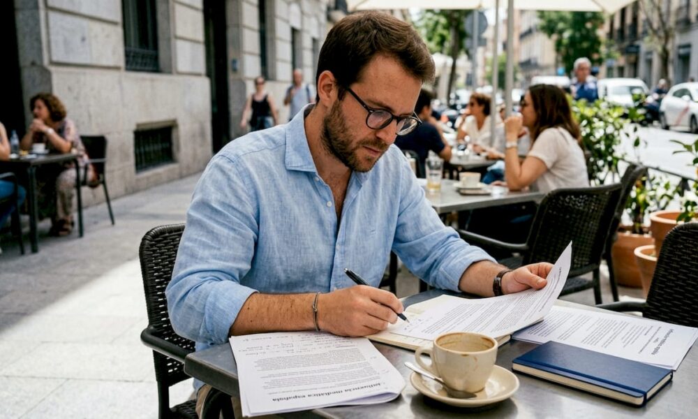 Periodista analizando informes sobre la influencia de los grupos de presión en los medios de comunicación
