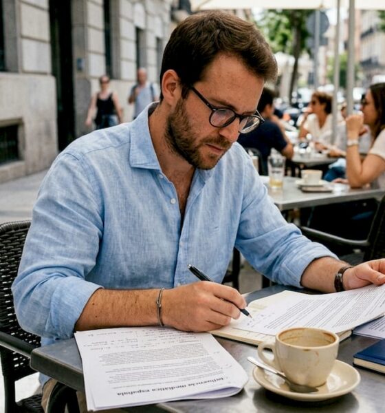 Periodista analizando informes sobre la influencia de los grupos de presión en los medios de comunicación