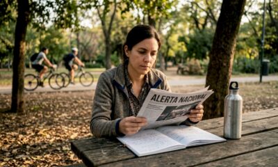Una mujer disfruta de la lectura de medios independientes mientras toma un café en una cafetería.