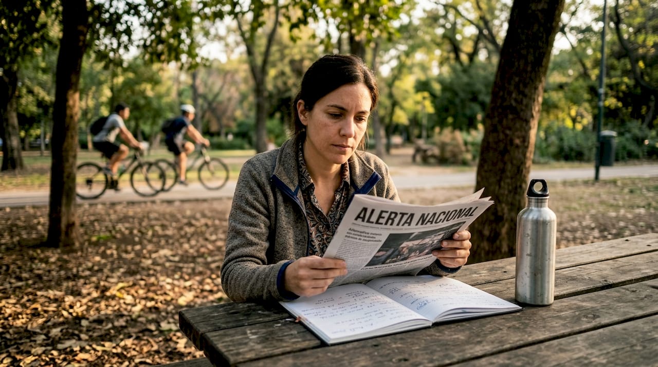 Una mujer disfruta de la lectura de medios independientes mientras toma un café en una cafetería.