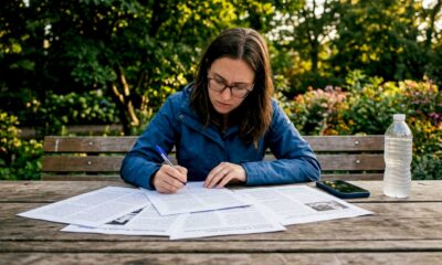Una mujer disfruta de la lectura de medios independientes mientras toma un café en un local moderno.