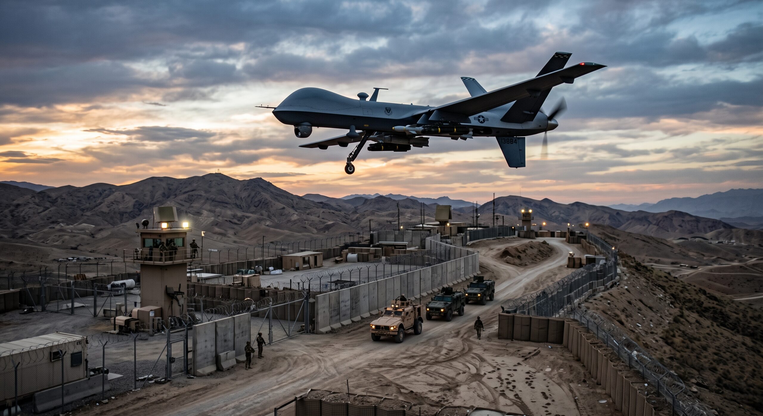 Dron táctico militar sobrevolando zona perimetral de defensa